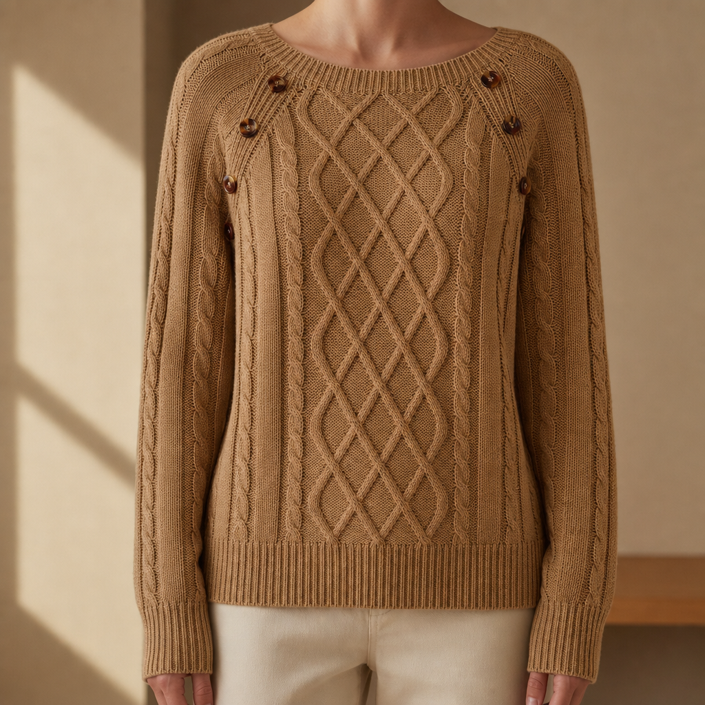 Porquerolles Cable Knit Button Sweater in Camel