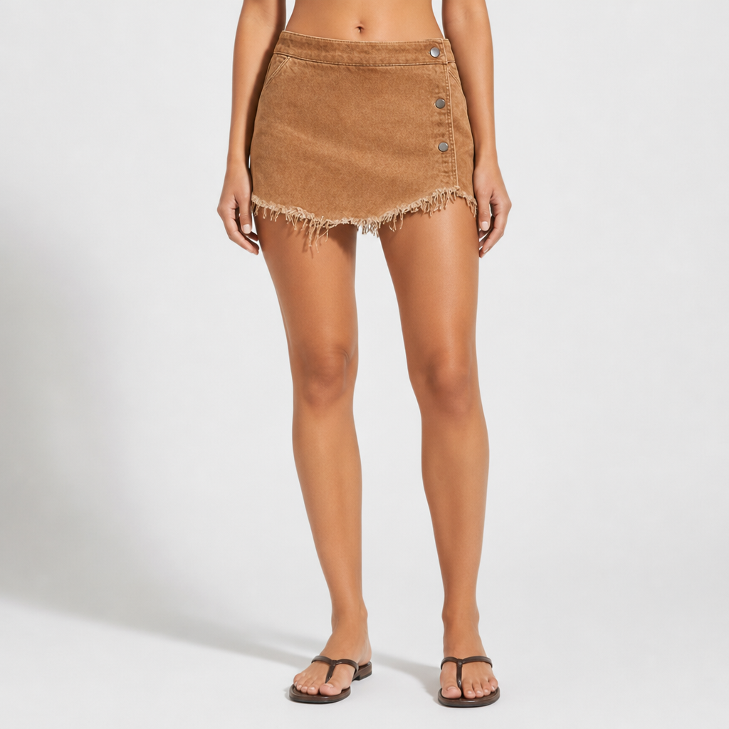 Gozo Frayed Denim Mini Skirt in Camel