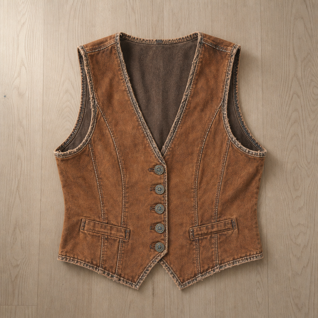 Figueres Washed Denim Button Vest in Caramel