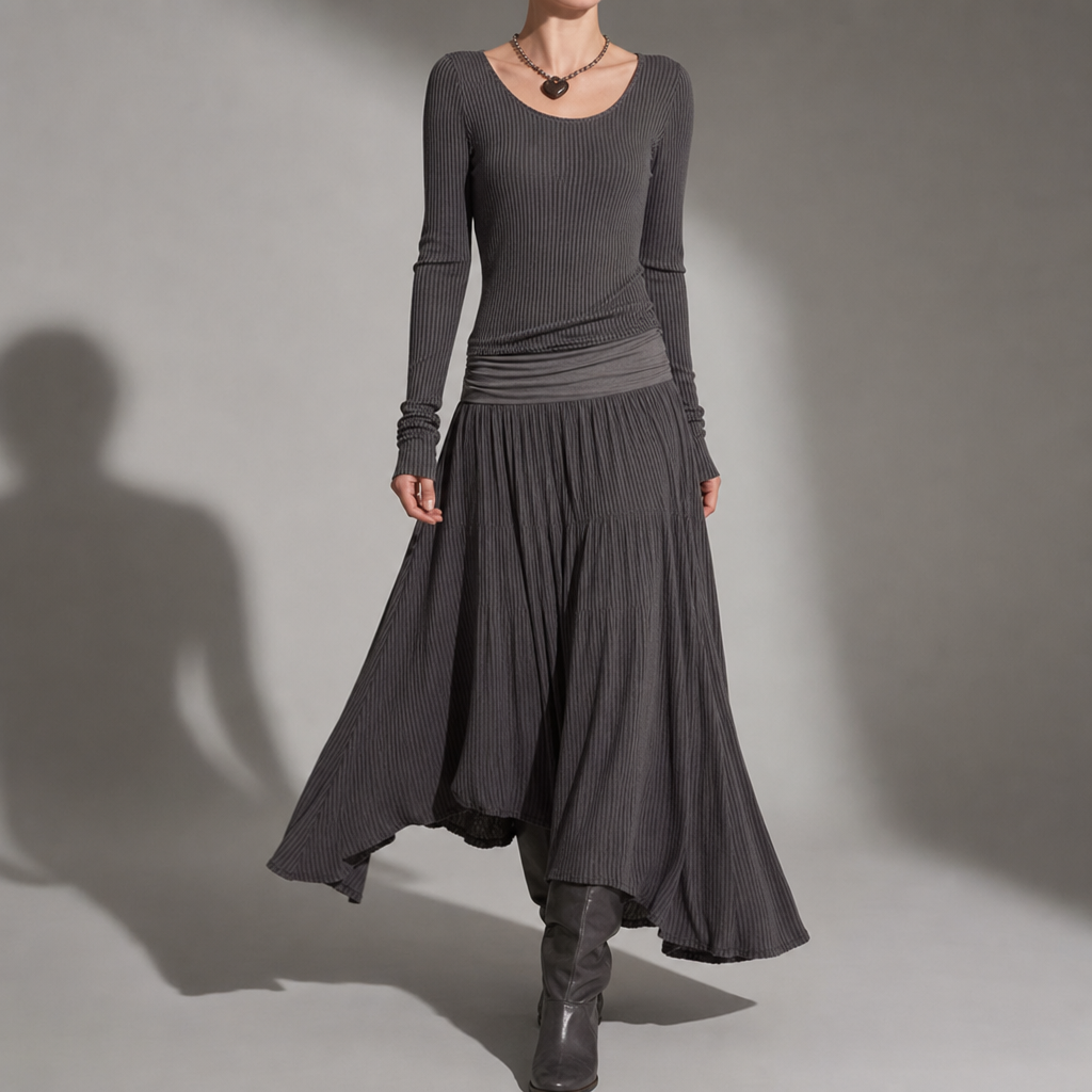 Cadiz Ribbed Knit Maxi Dress in Charcoal Gray
