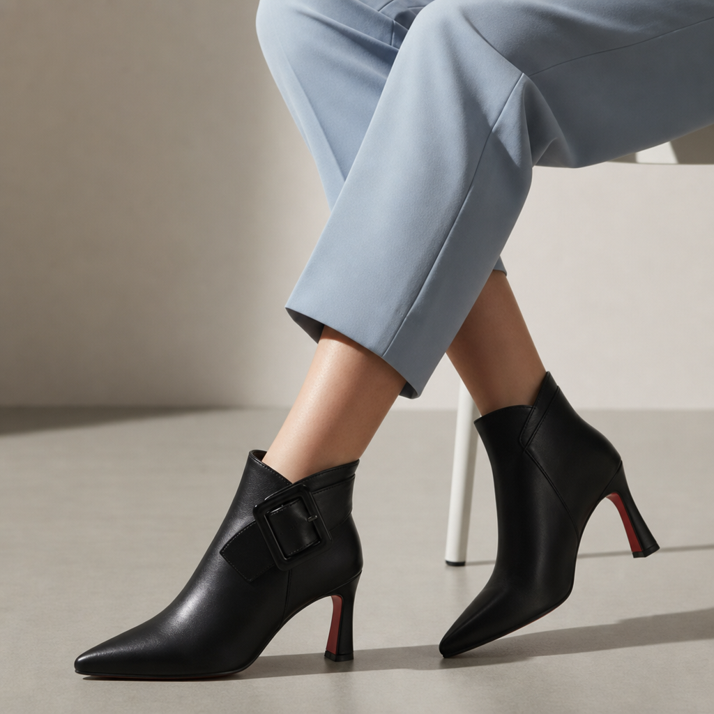 Camogli Buckle Flared Heel Boots in Classic Black