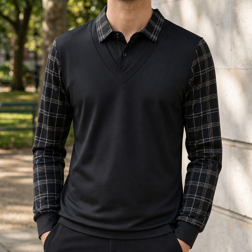 Corte Plaid Panel Polo in Classic Black