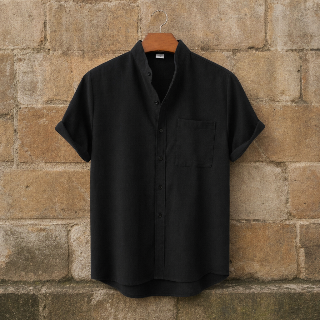 Ierapetra Stand Collar Linen Shirt in Classic Black