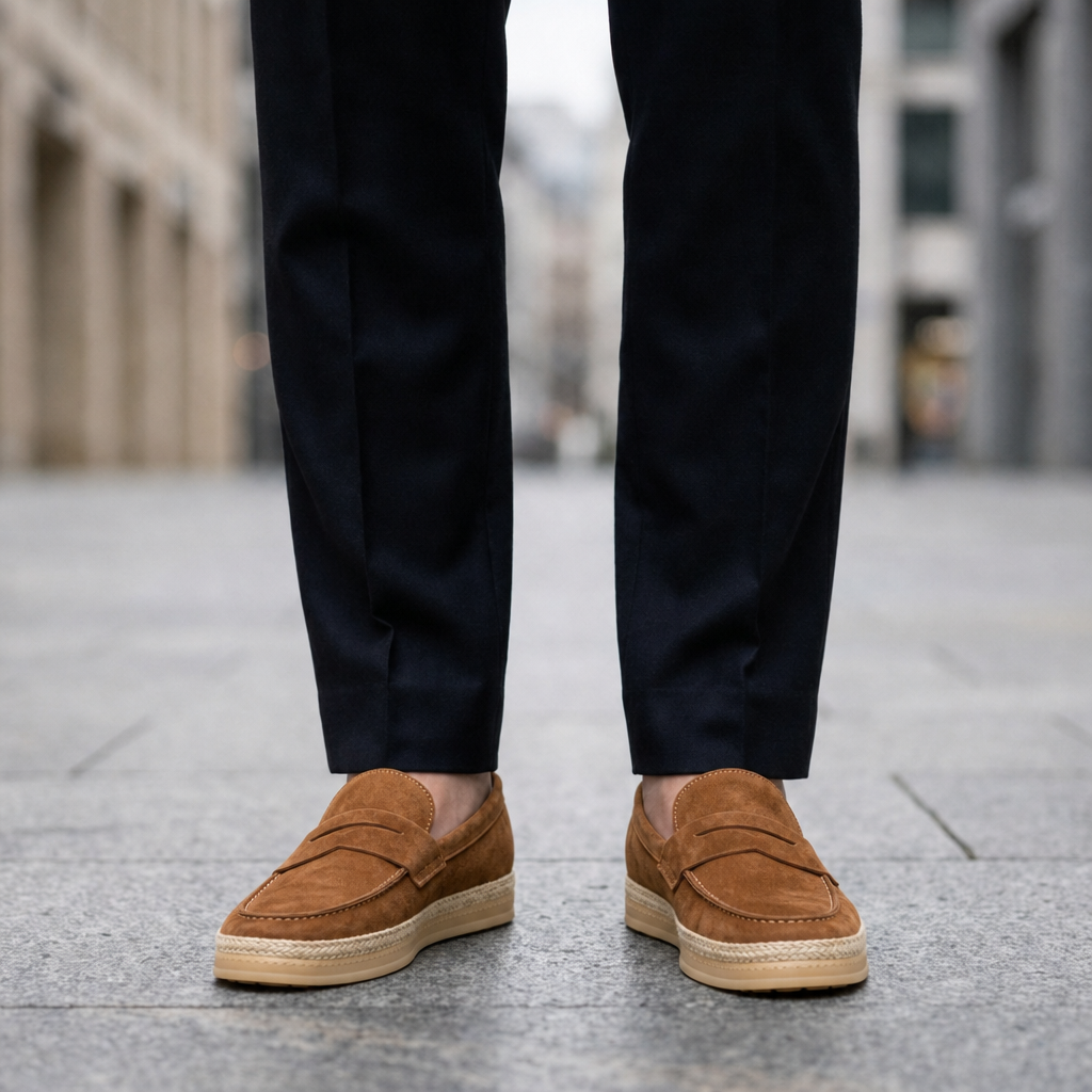 Tarifa Suede Espadrille Loafers in Cognac