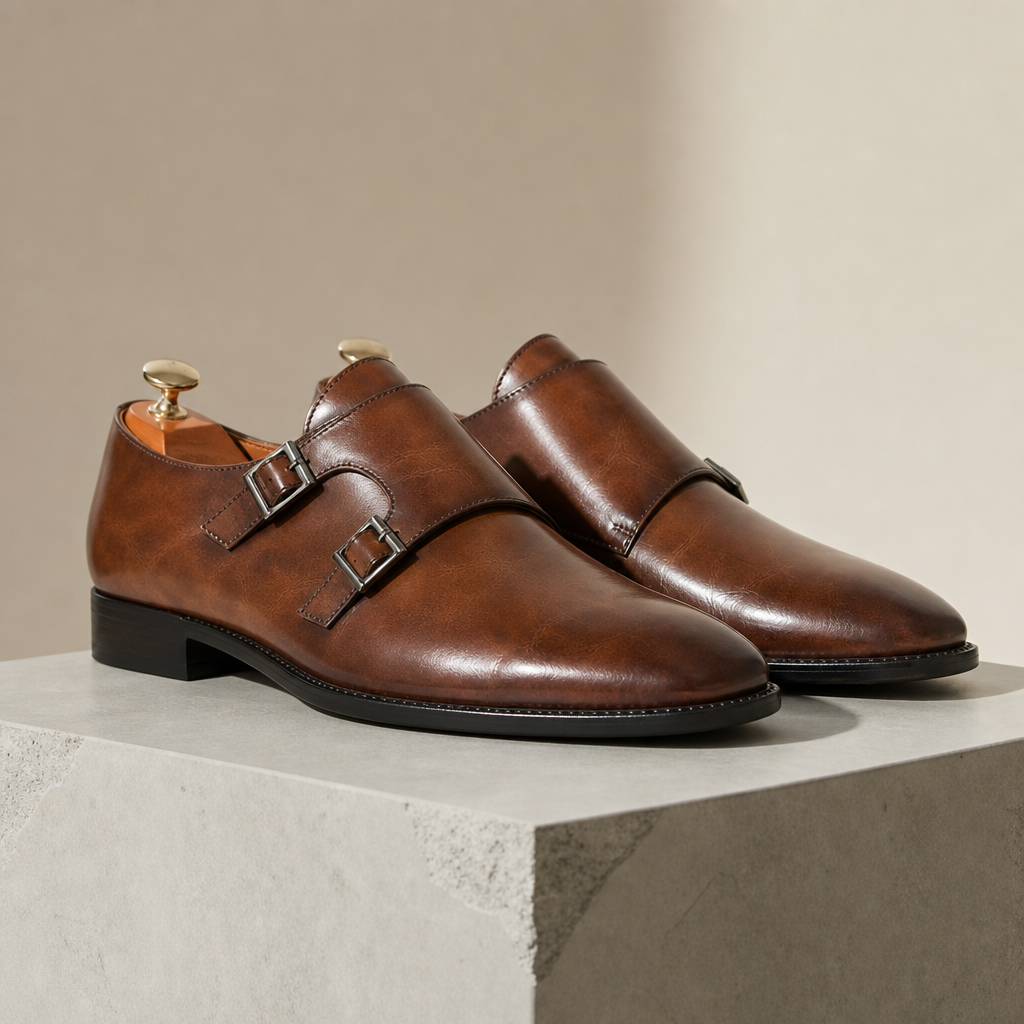 Lecce Double Monk Strap Shoes in Cognac
