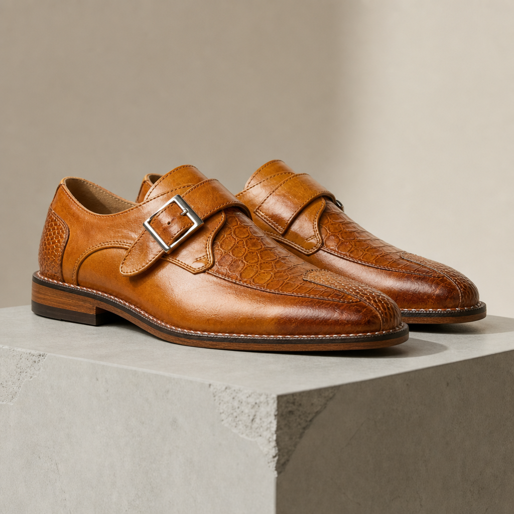 Birgu Croc Embossed Monk Strap in Cognac