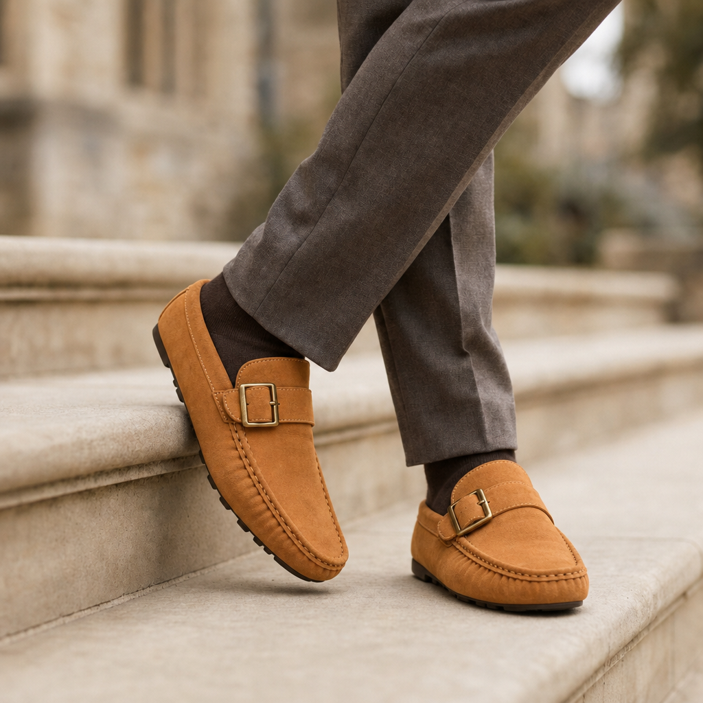 Begur Suede Buckle Mules in Cognac