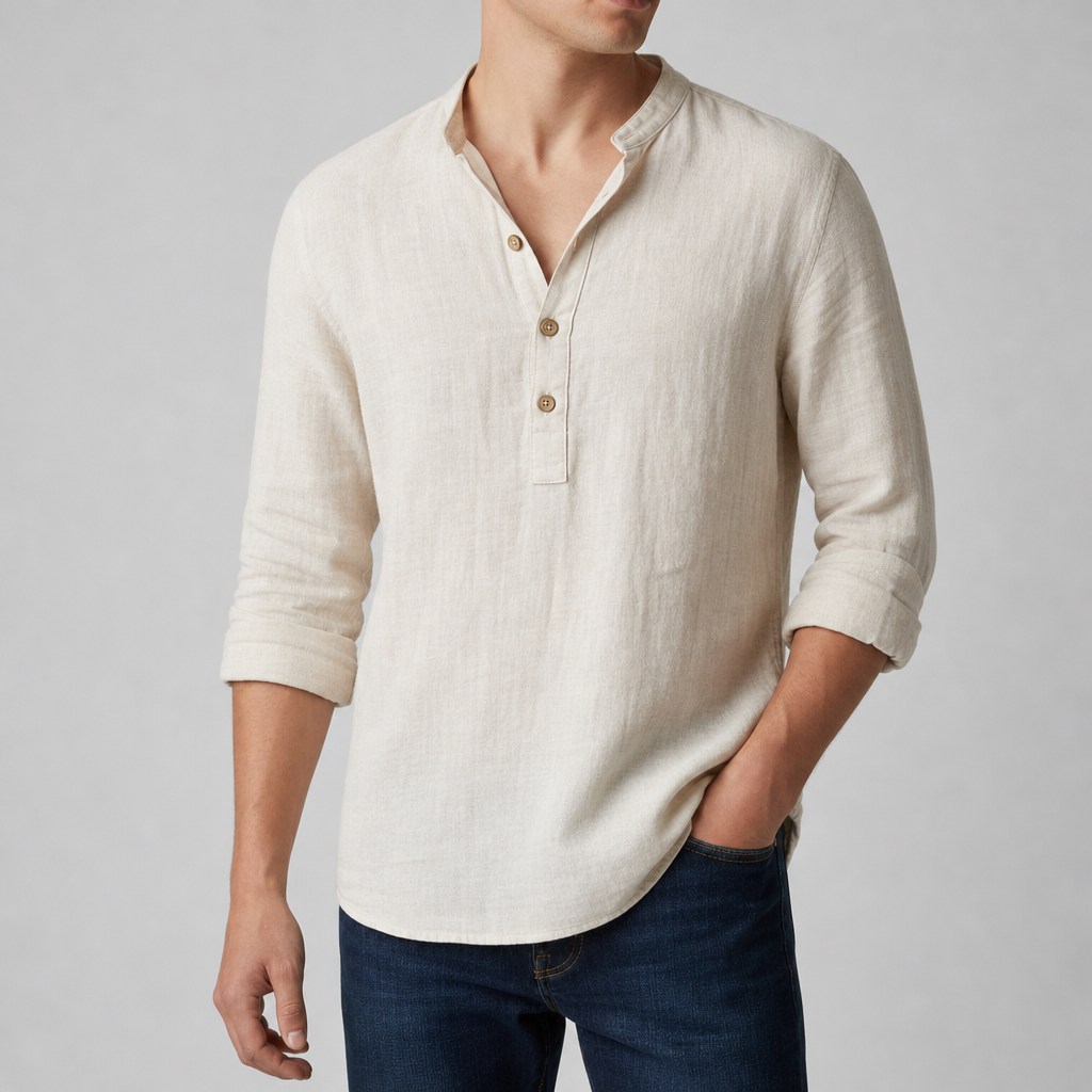 Ibiza Linen Henley Shirt in Cream
