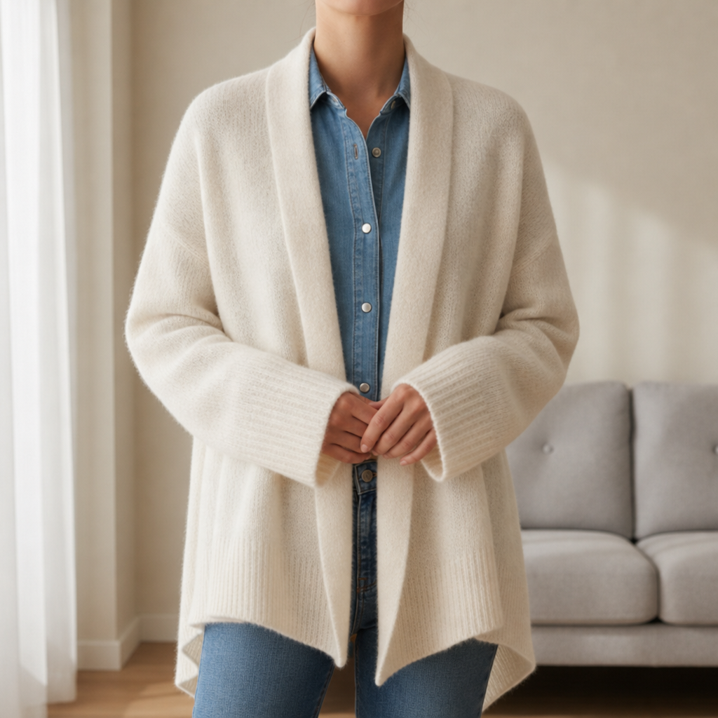 Thassos Wool Knit Shawl Cardigan in Cream