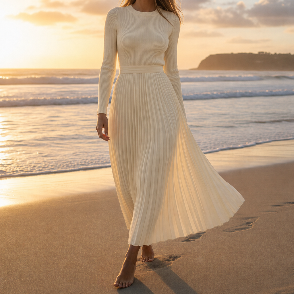 Evora Pleated Knit Maxi Dress in Cream