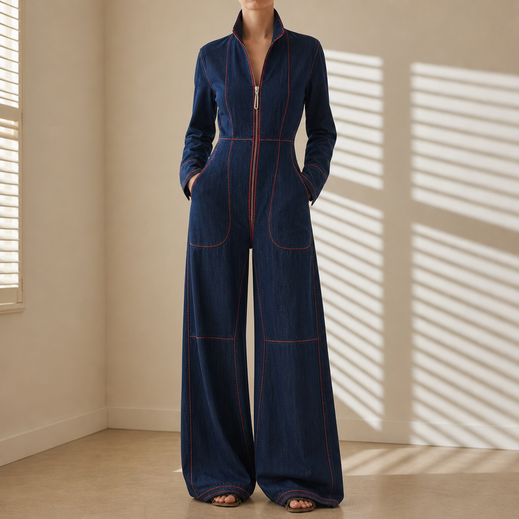 Kythnos Red Topstitched Denim Jumpsuit in Dark Blue