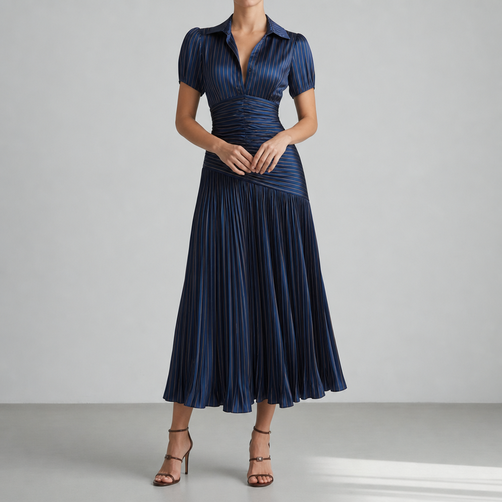 Milos Striped Satin Pleated Dress in Dark Blue