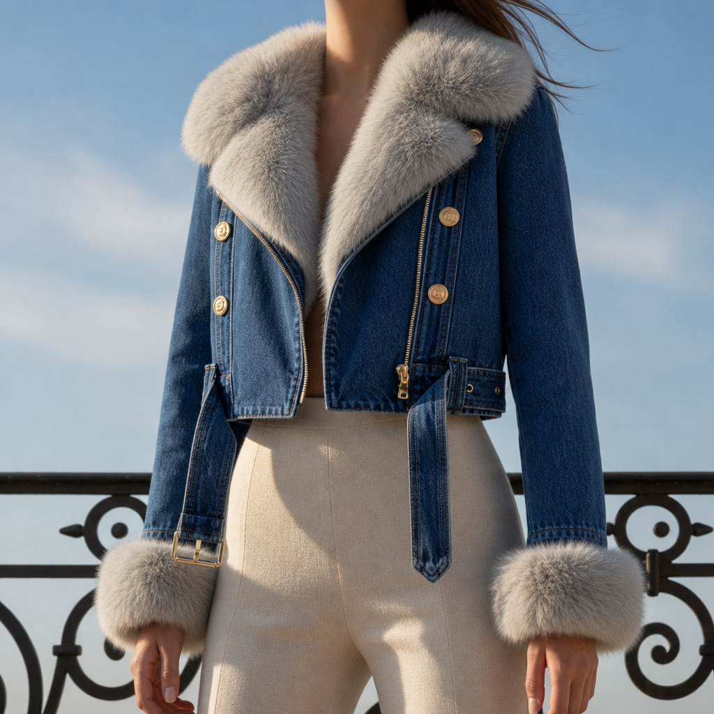 Obidos Fur Trim Denim Jacket in Dark Blue