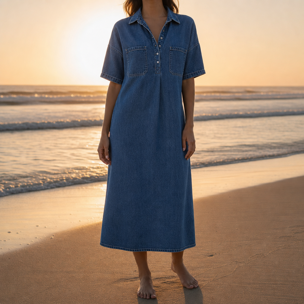 Paros Denim Midi Shirt Dress in Dark Blue