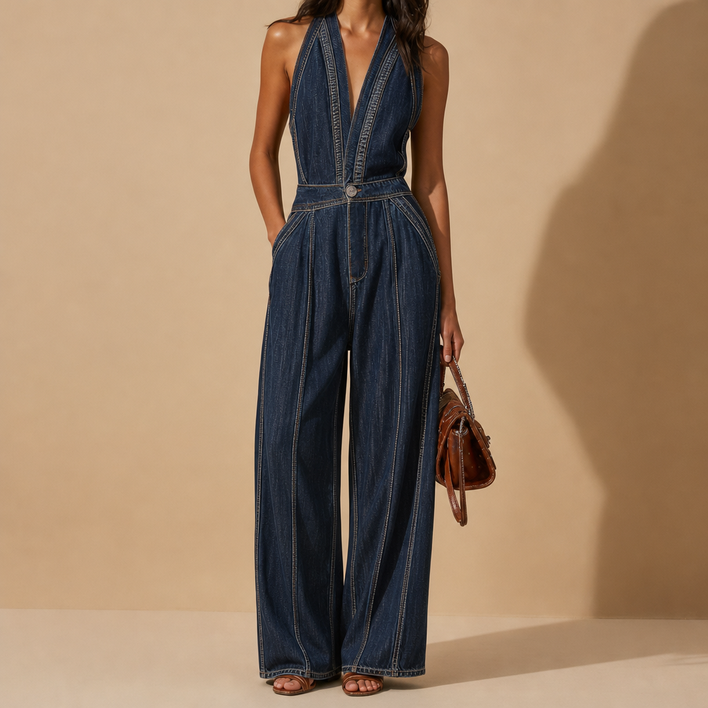 Hondarribia Wide-Leg Denim Jumpsuit in Dark Blue