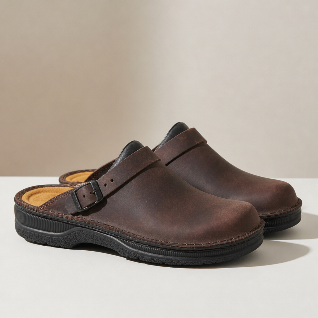 Hvar Leather Buckle Clogs in Dark Brown