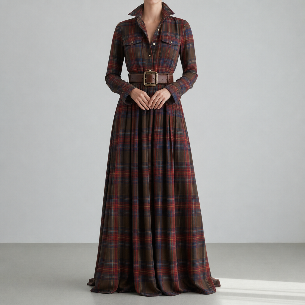 Biot Plaid Belted Maxi Dress in Dark Brown