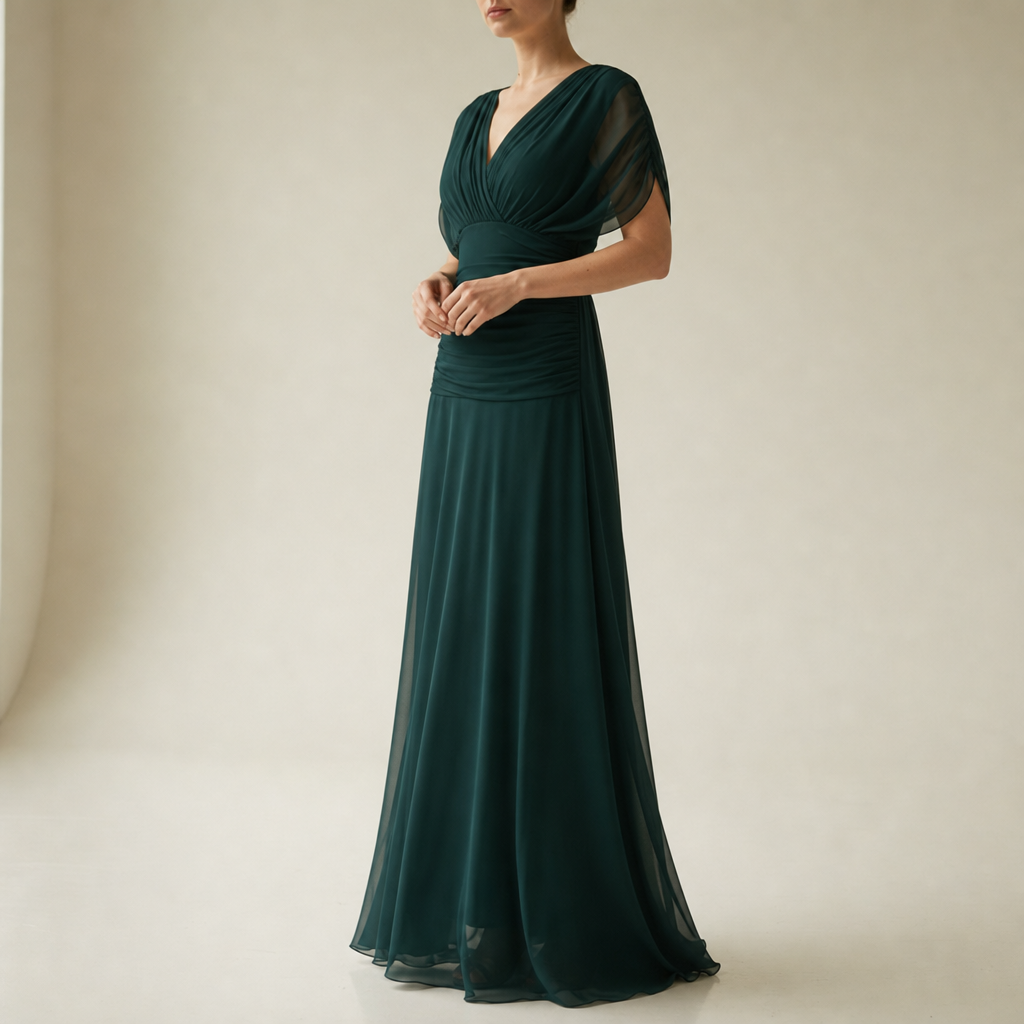 Zakynthos Ruched Chiffon Maxi Dress in Dark Green
