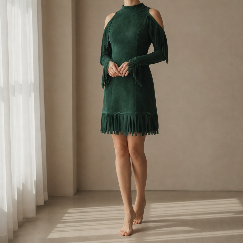 Aveiro Fringe Suede Mini Dress in Dark green