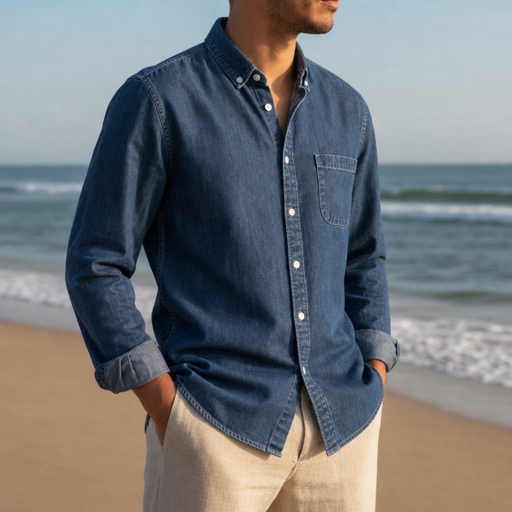 Arezzo Denim Button-Down Shirt in Dark Wash Denim
