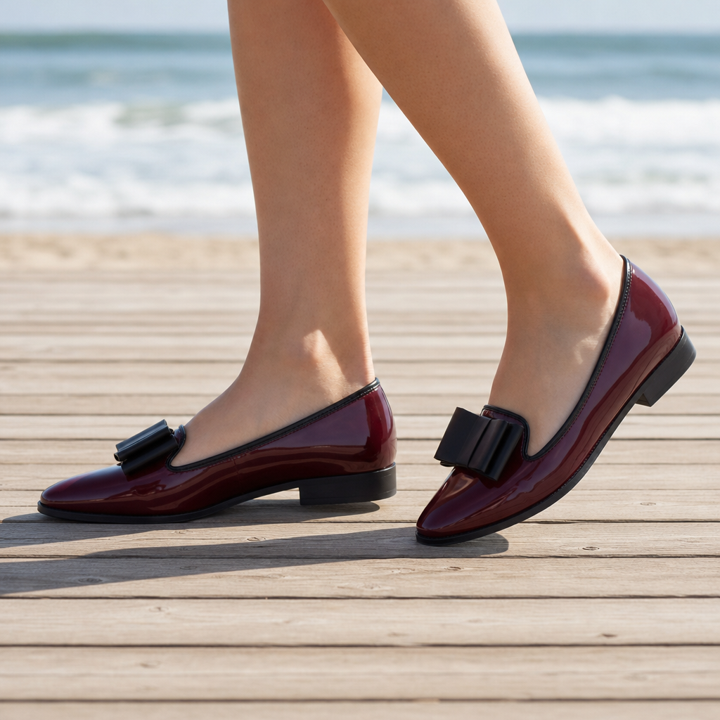 Braga Patent Leather Bow Flats in Deep Burgundy