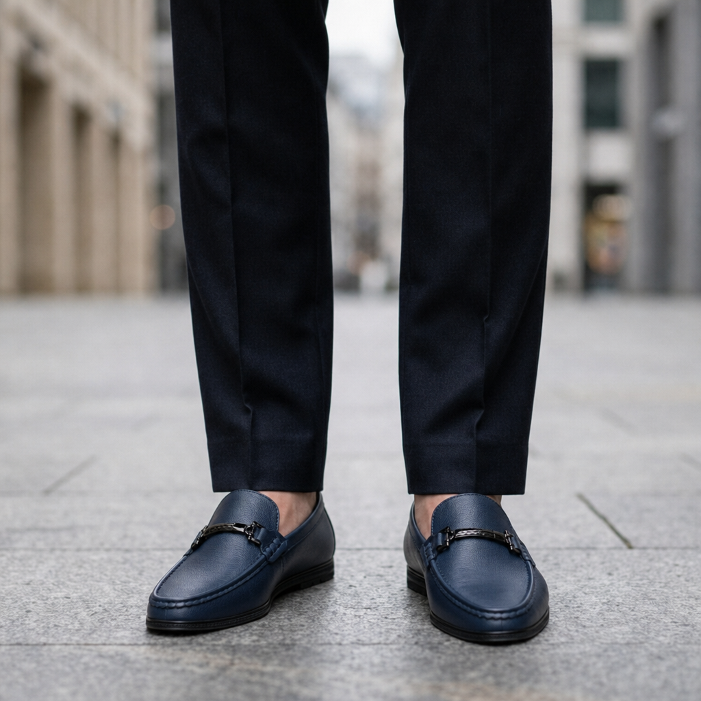 Sanlucar Metal Bit Leather Loafers in Deep Navy Blue