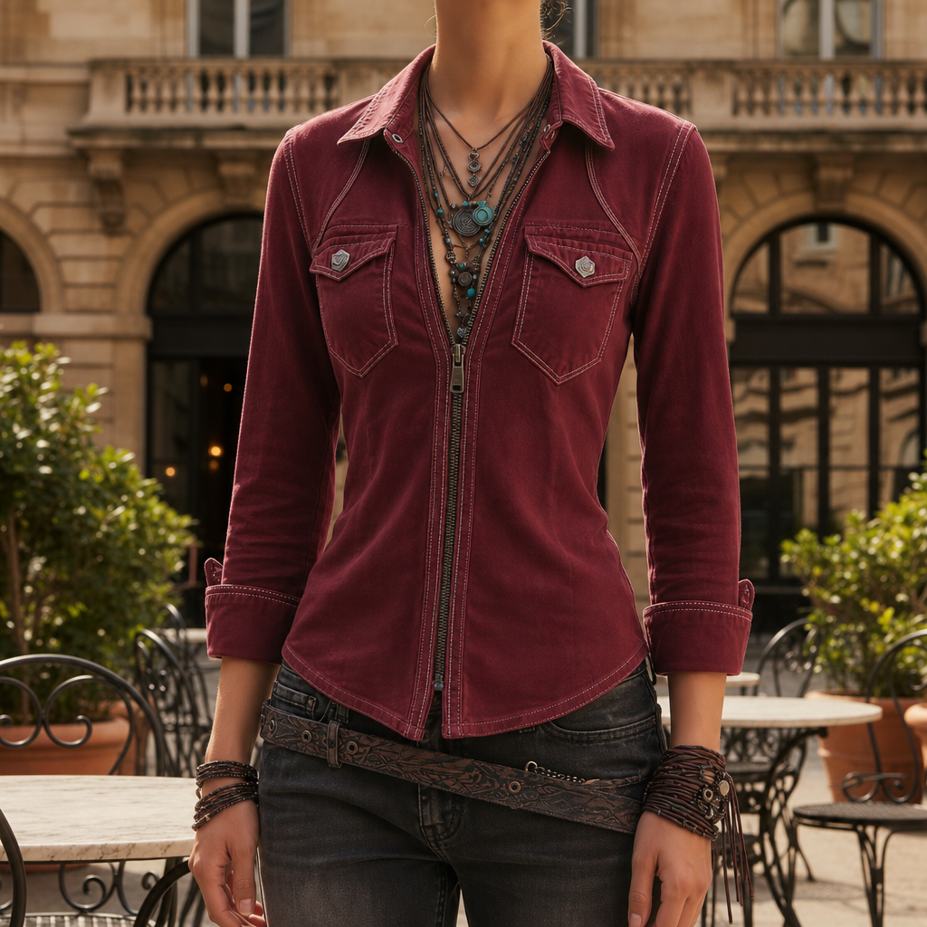 Formentor Zip-Up Denim Shirt in Dusty Red