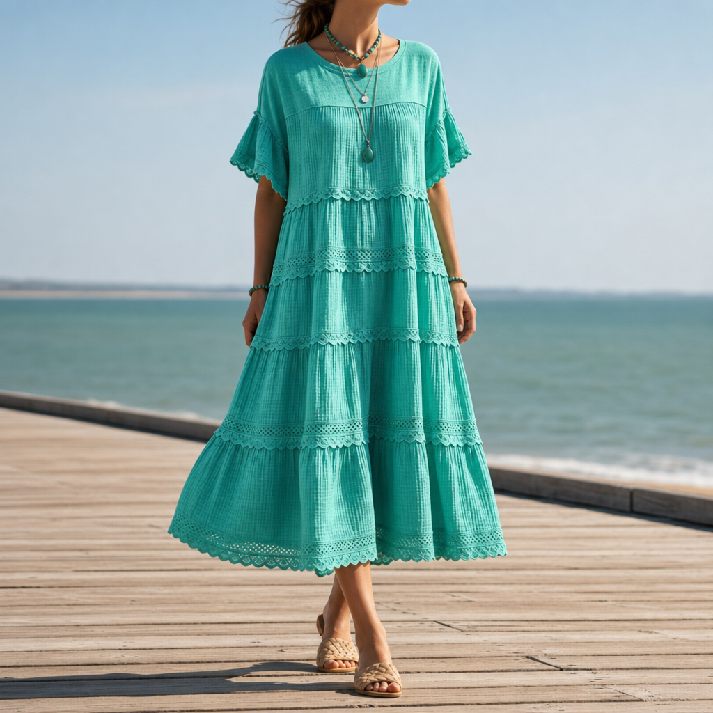 Bilbao Tiered Lace Trim Dress in Emerald Green