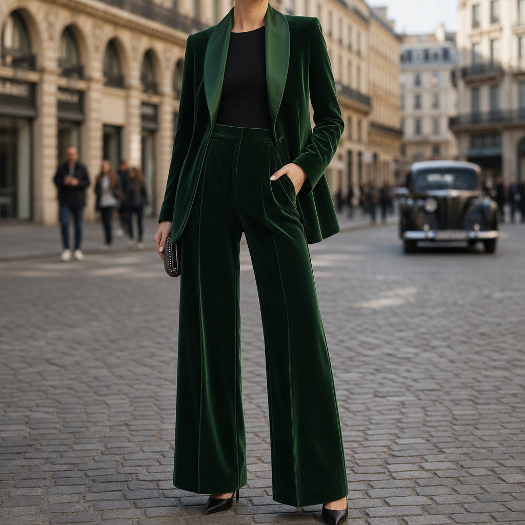 Spetses Velvet Blazer Pants Set in Emerald