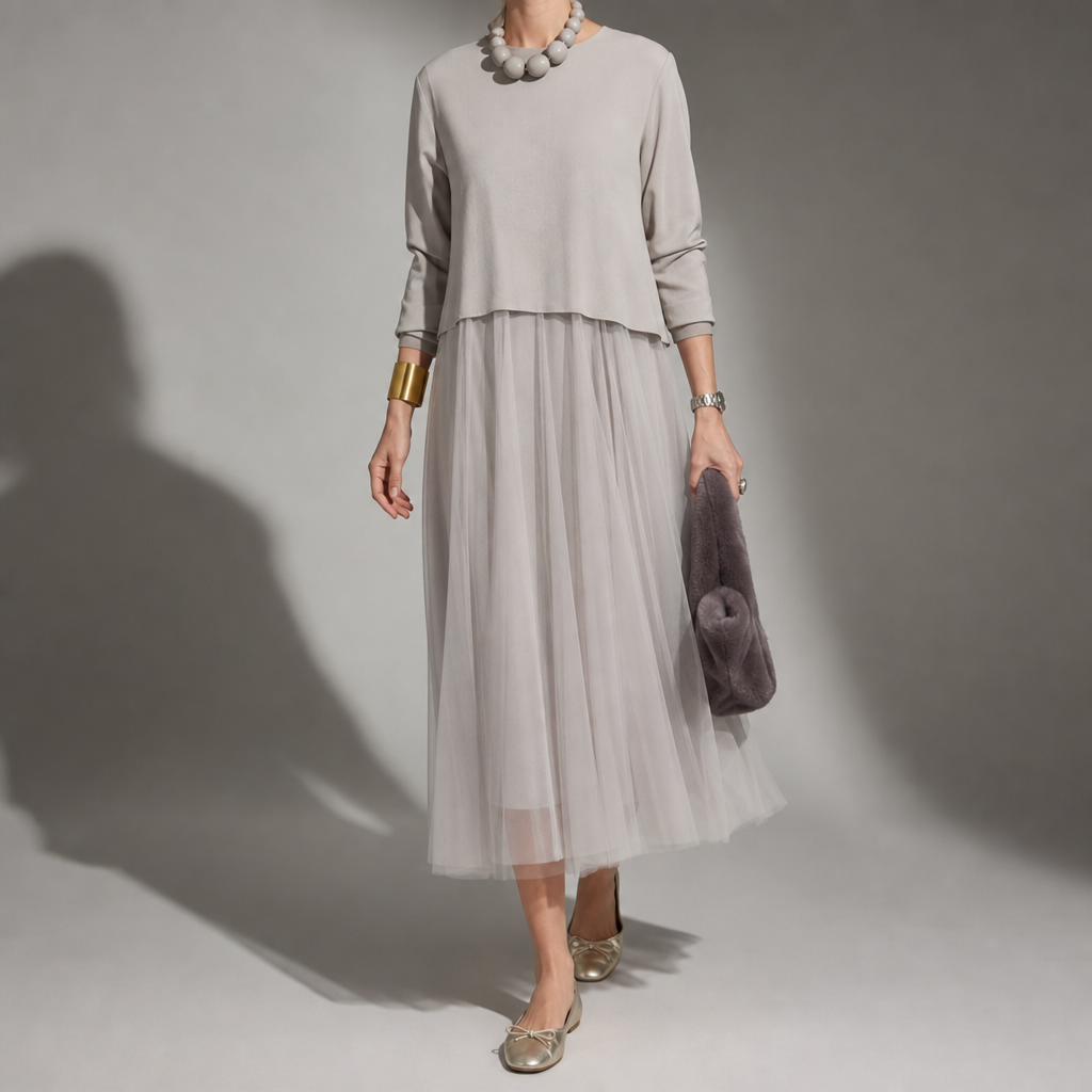 Ios Layered Tulle Midi Dress in Gray
