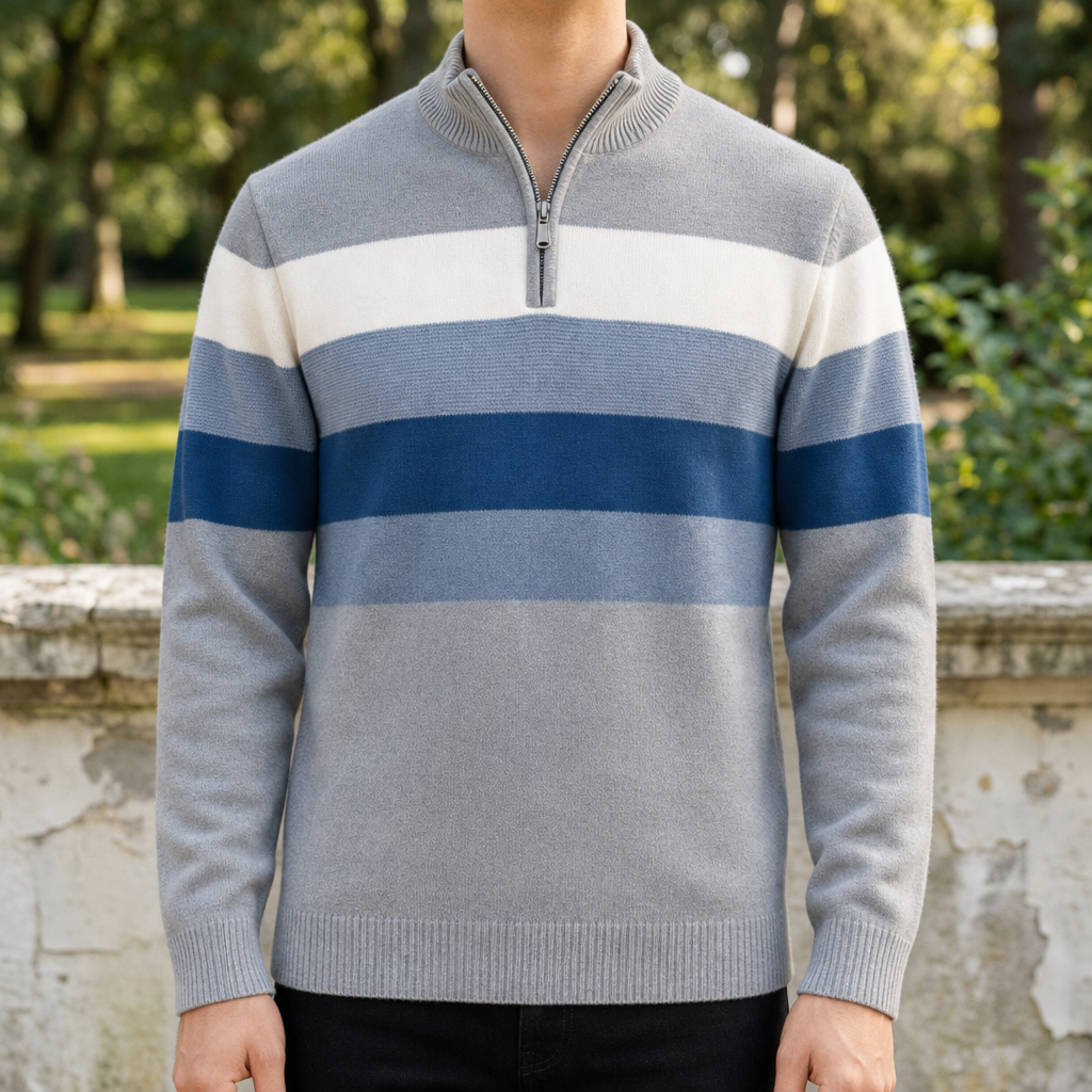 Monemvasia Striped Quarter-Zip Pullover in Gray