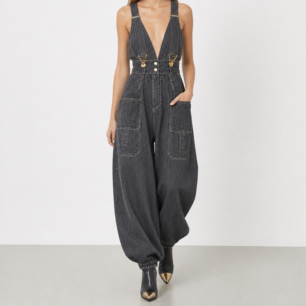 Beziers Deep V Denim Jumpsuit in Gray