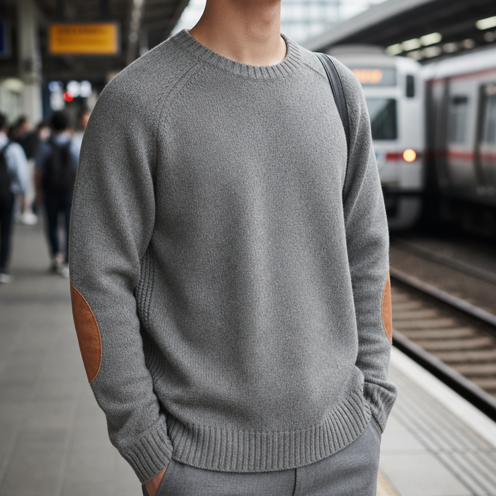 Spoleto Elbow Patch Crewneck Sweater in Gray