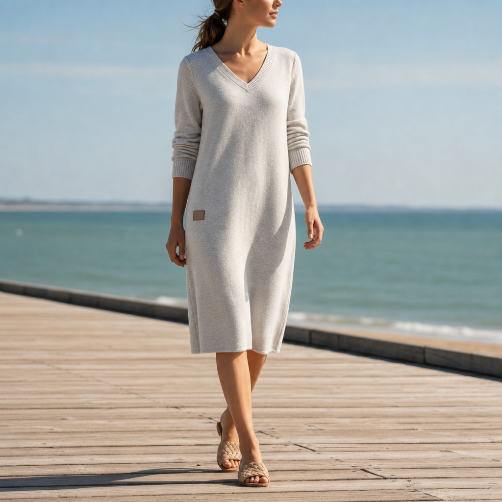 Formentera V-Neck Cozy Midi Dress in Gray