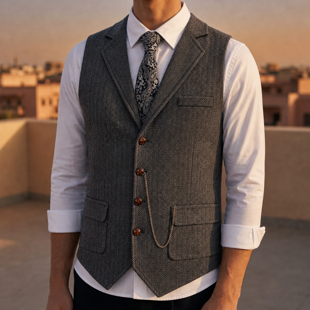 Assisi Herringbone Tweed Vest in Gray
