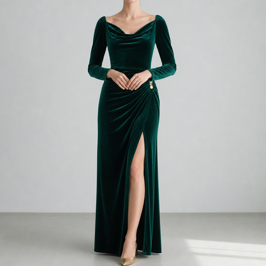 Trujillo Ruched Velvet Midi Dress in Green