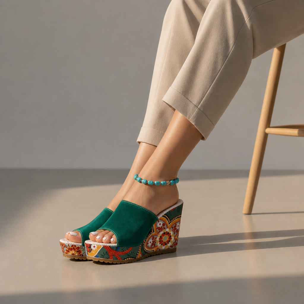 Uzes Boho Floral Wedge Mules in Green