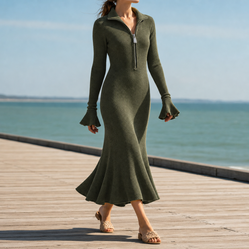 Thassos Zipper Knit Midi Dress in Green