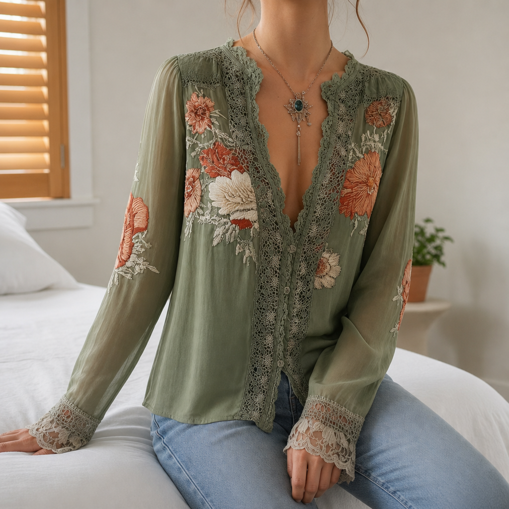 Trogir Floral Lace Boho Blouse in Green