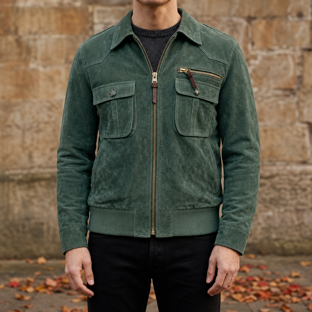 Mljet Retro Suede Bomber Jacket in Green