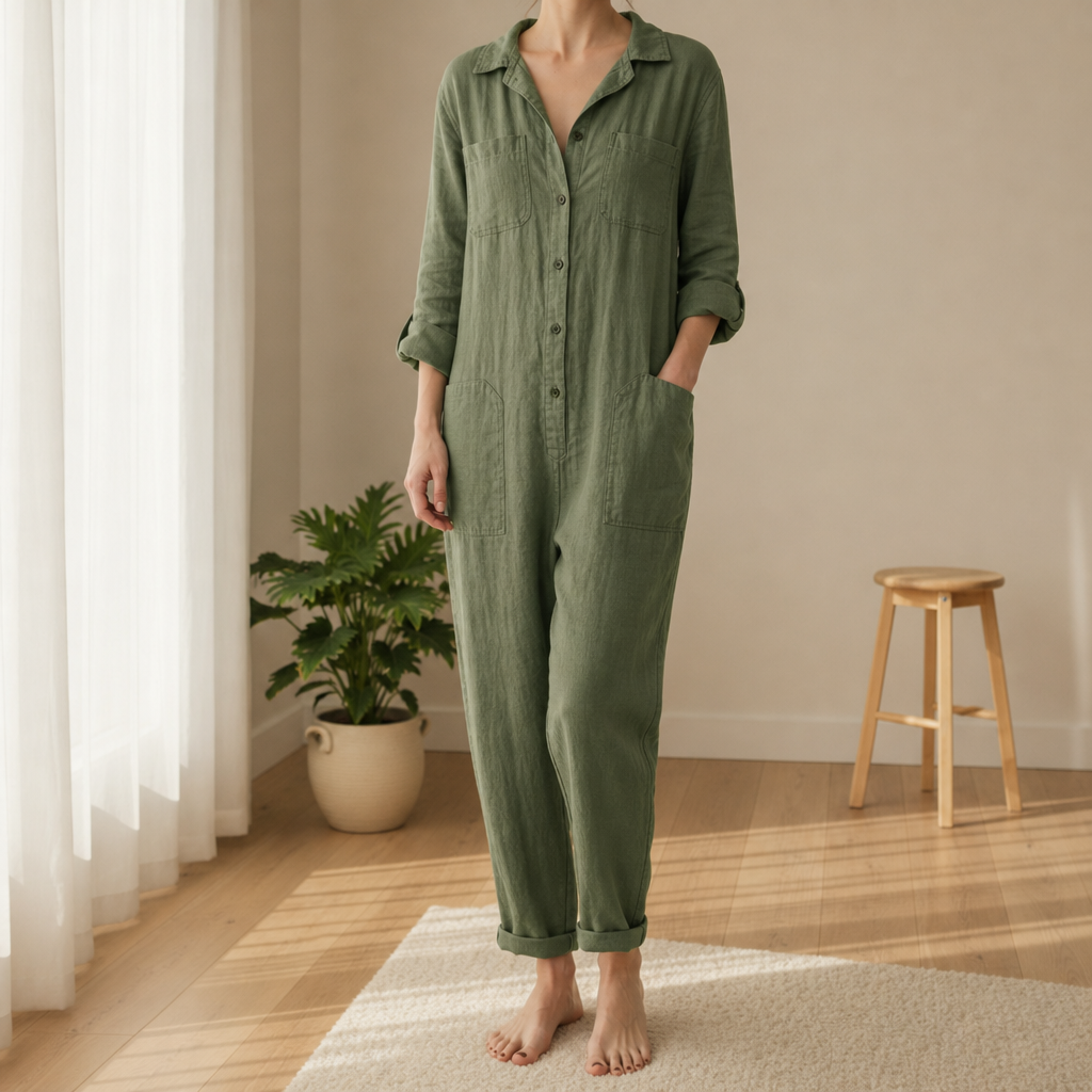 Skiathos Linen Button Jumpsuit in Green