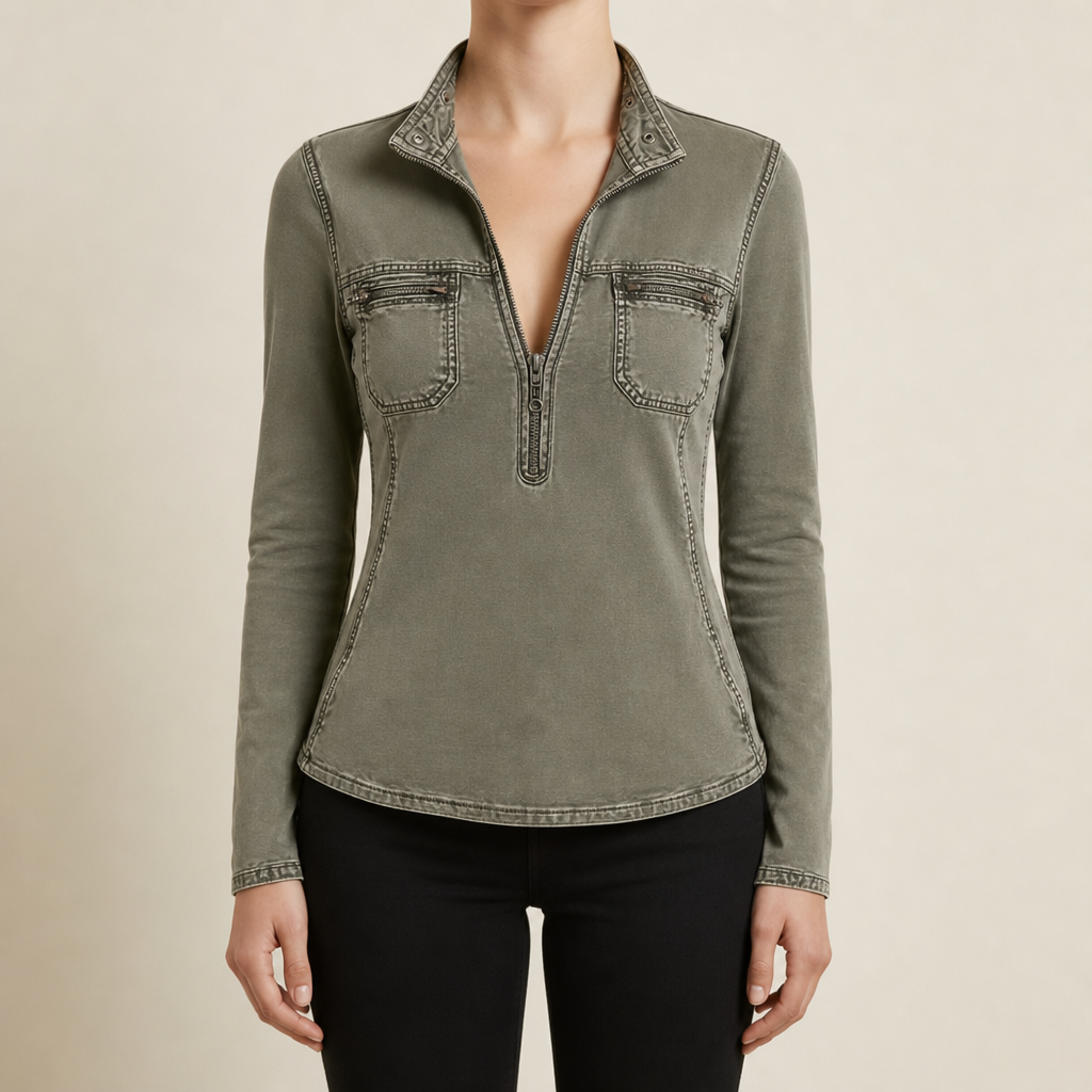 Elvas Washed Zip-Up Utility Top in Green