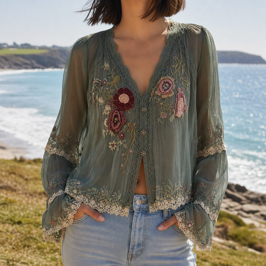 Arles Embroidered Lace Boho Blouse in Green