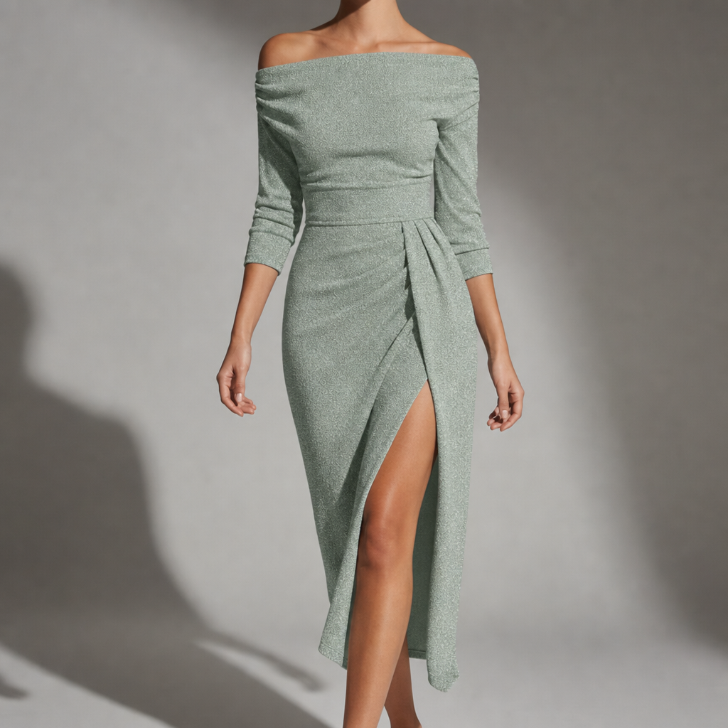 Pisa Ruched Slit Midi Dress in Green