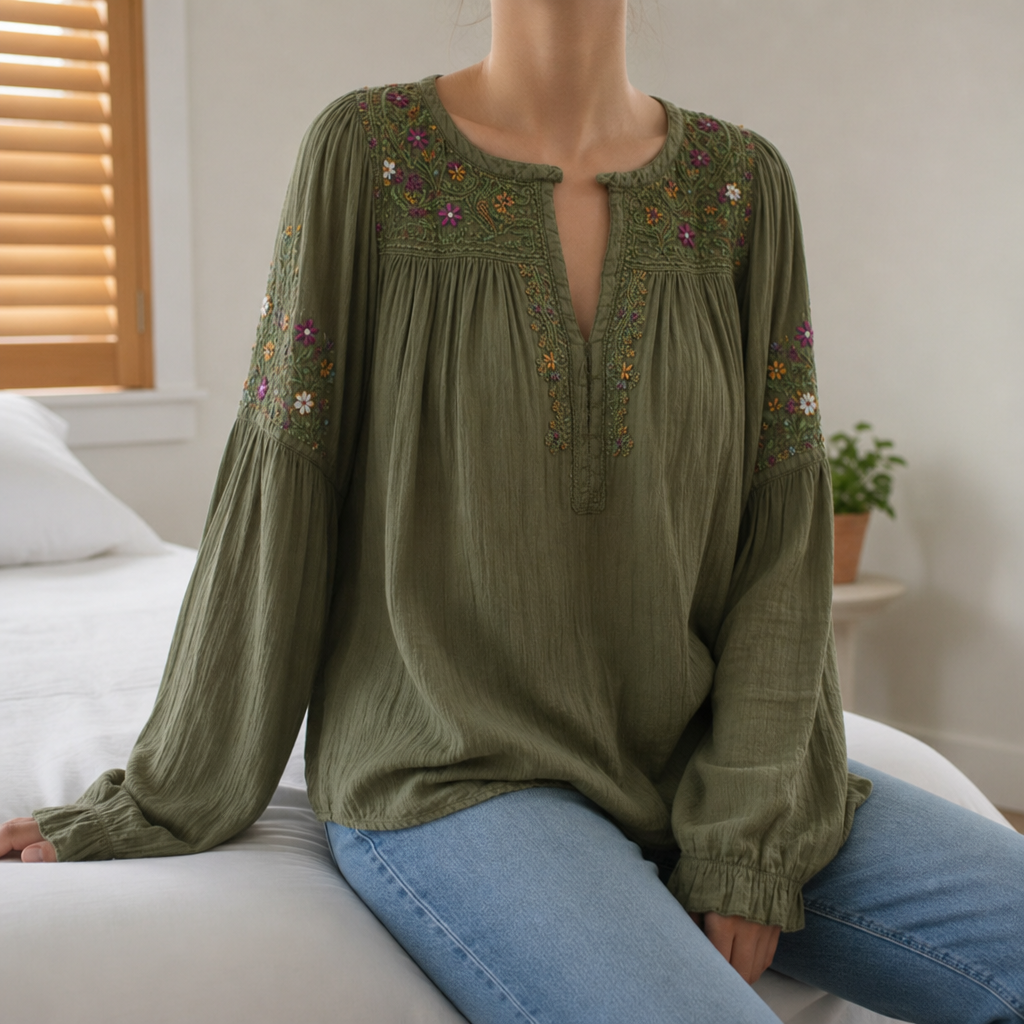 Paphos Floral Embroidered Boho Blouse in Green