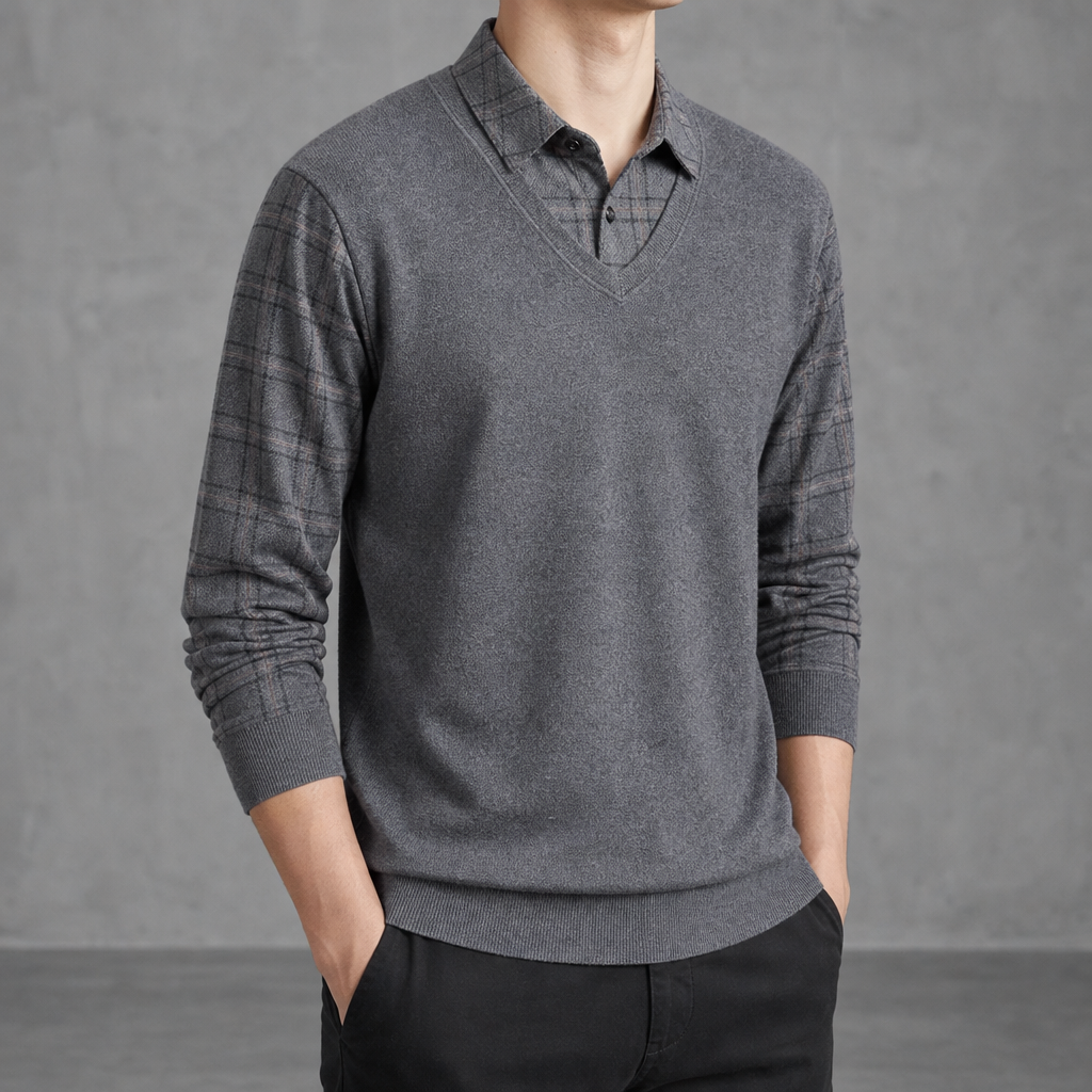 Monemvasia Layered Plaid Pullover Top in Grey