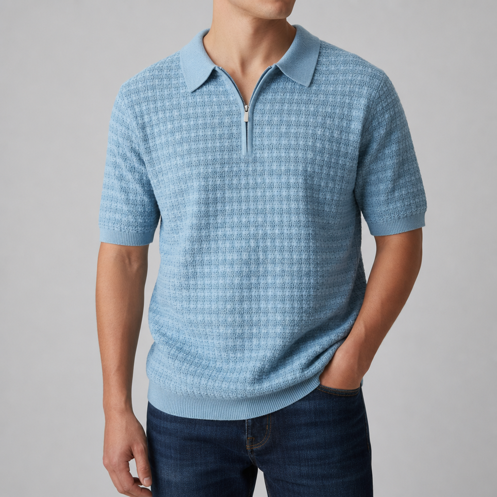 Rhodes Textured Knit Zip Polo in Harbor Blue