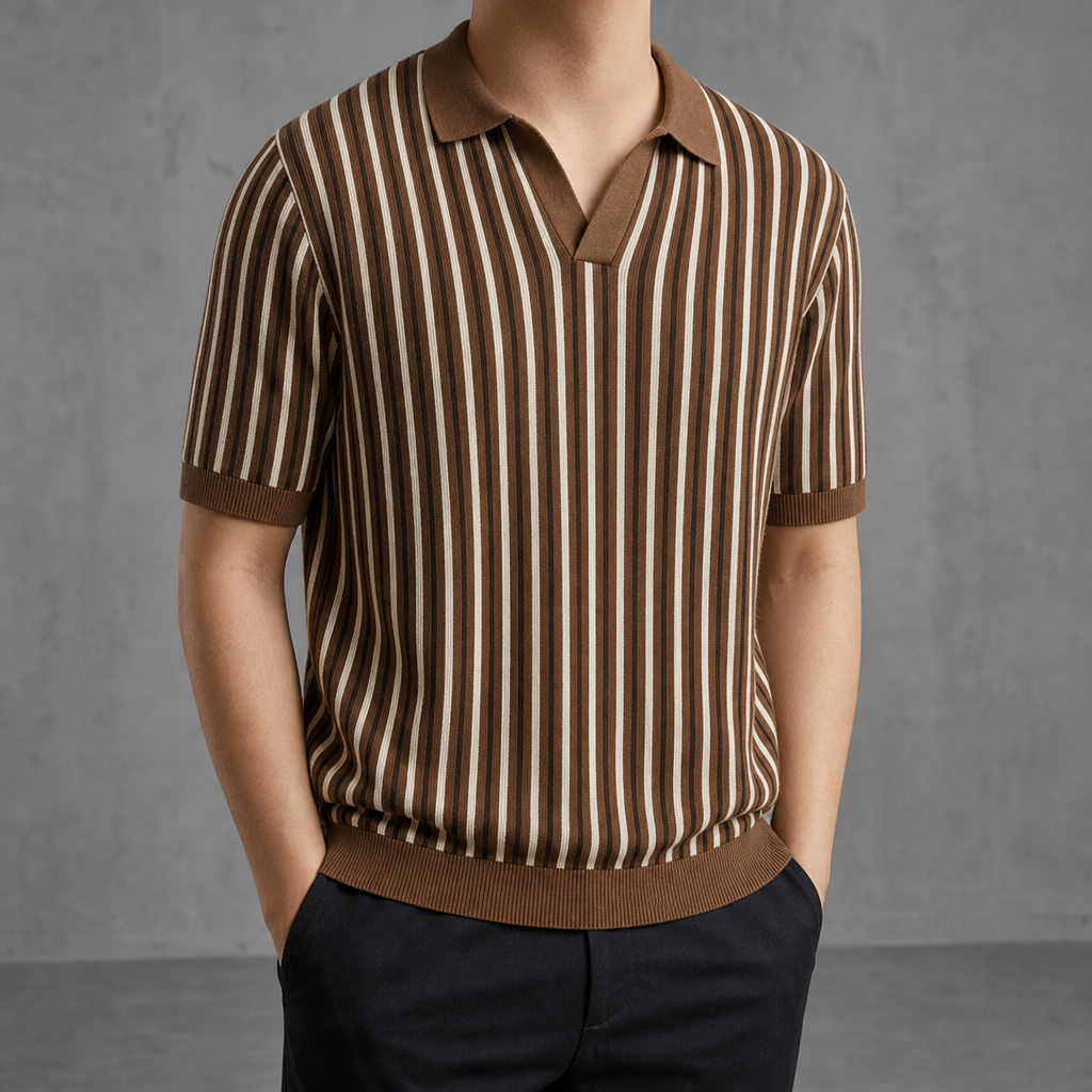 Kalymnos Retro Stripe Knit Polo in Havana