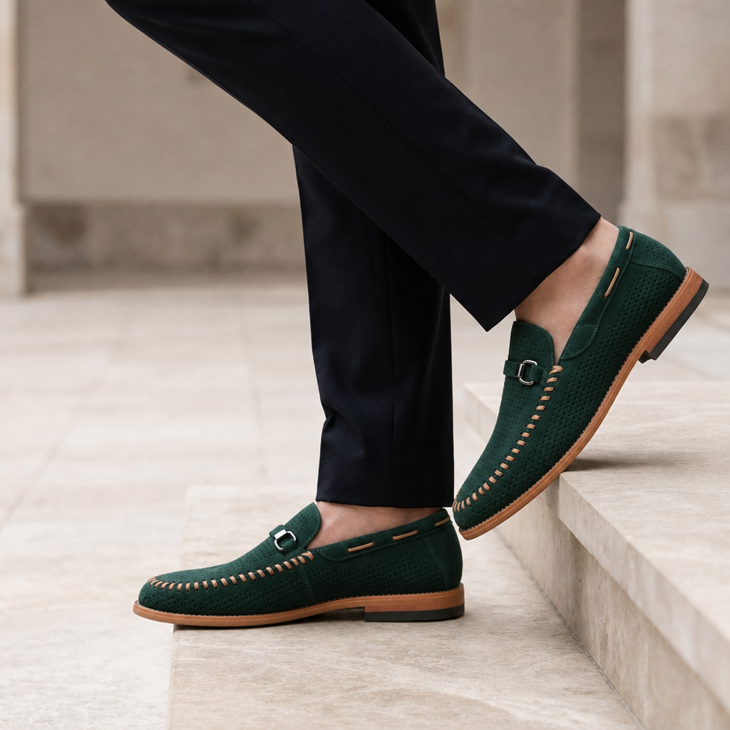 Cassis Perforated Suede Loafers in Heritage Green