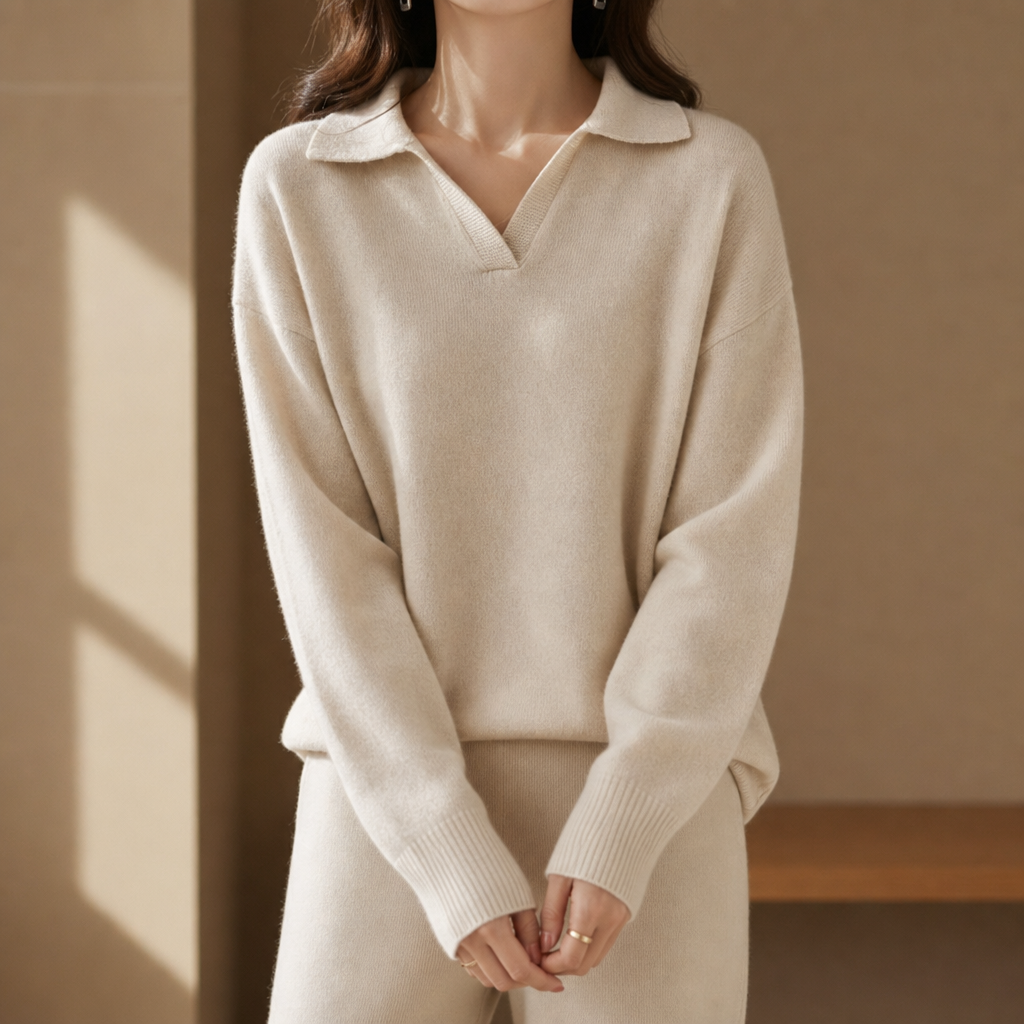 Chianti Cashmere Polo Sweater Set in Ivory